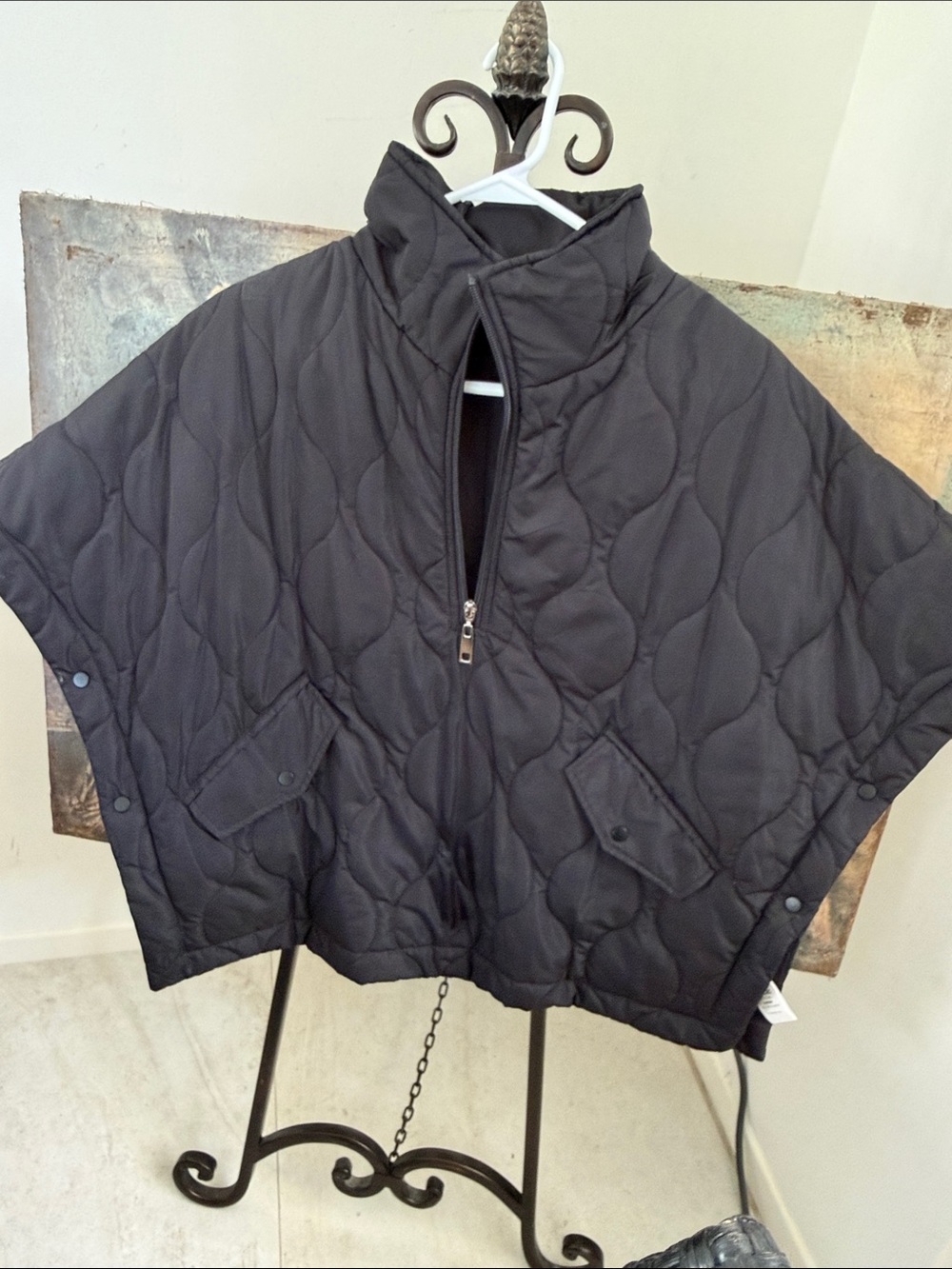 Black Quilted Cape Jacket with High Collar